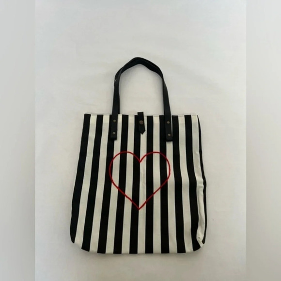 Hand Made Cotton & Leather Embroidered Heart Love Stripped Bag Tote New - Picture 1 of 8